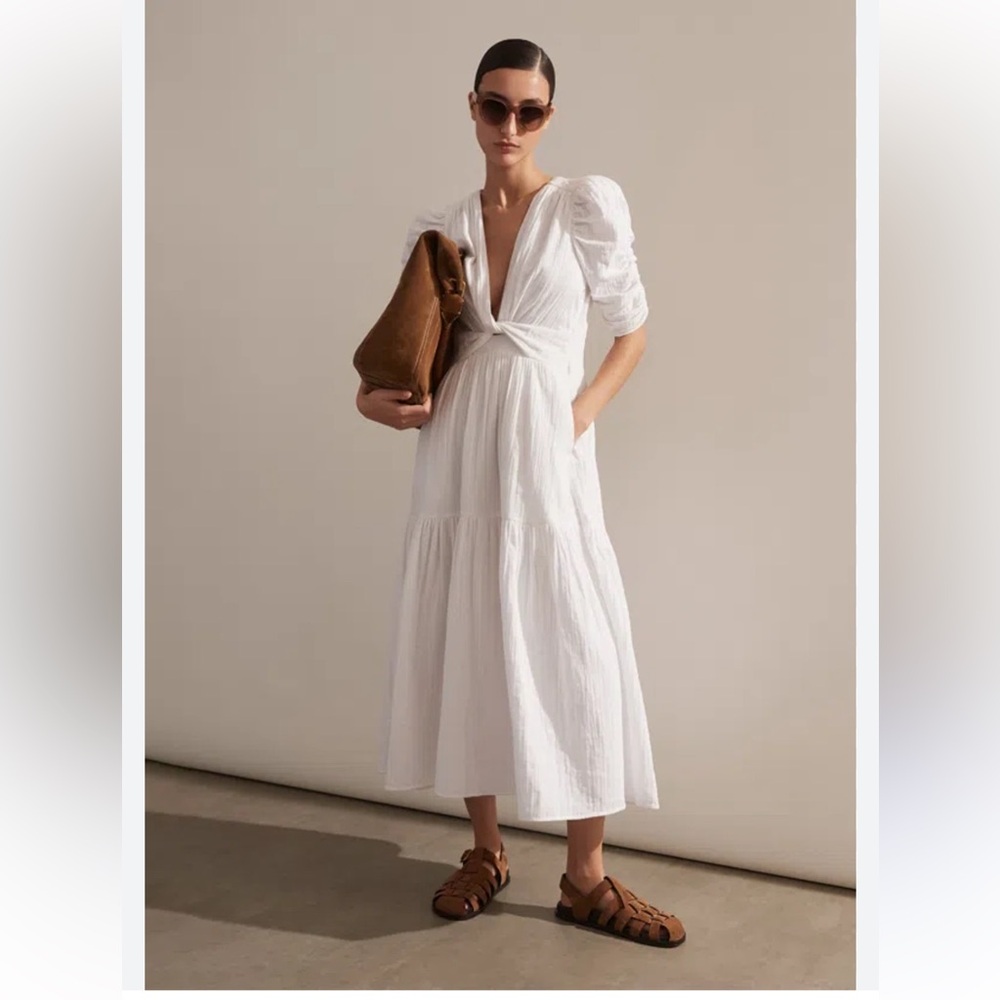 Me+Em Cheesecloth Gatgered Sleeve White Midi Dress